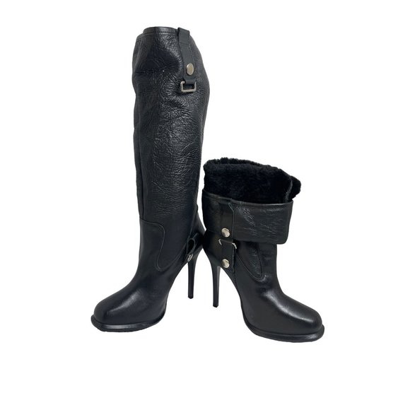 Velika Shoes - Velika Corinna Faux Fur Fold Over Stiletto Leather Boots Black Women’s Size 7.5